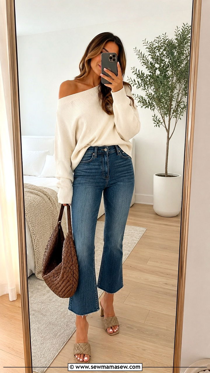 Off Shoulder Knit with High Waist Jeans and Mules - 30 Shoulder season outfit ideas
