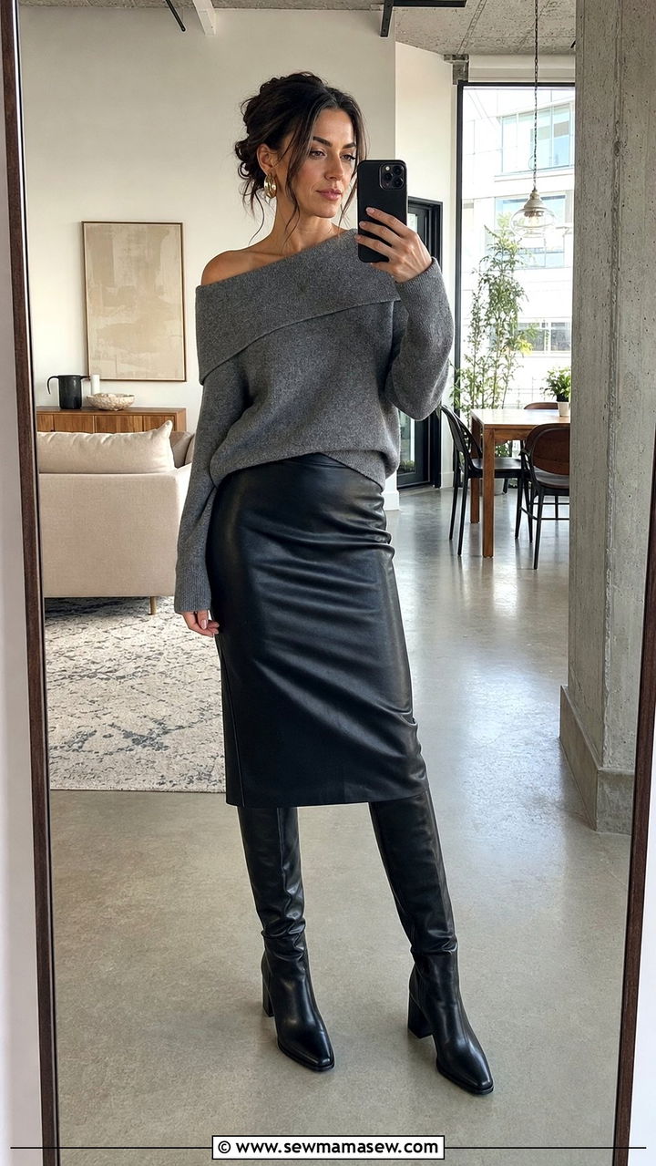 Off Shoulder Knit with Leather Pencil Skirt Outfit - 25 elegant outfits 2026