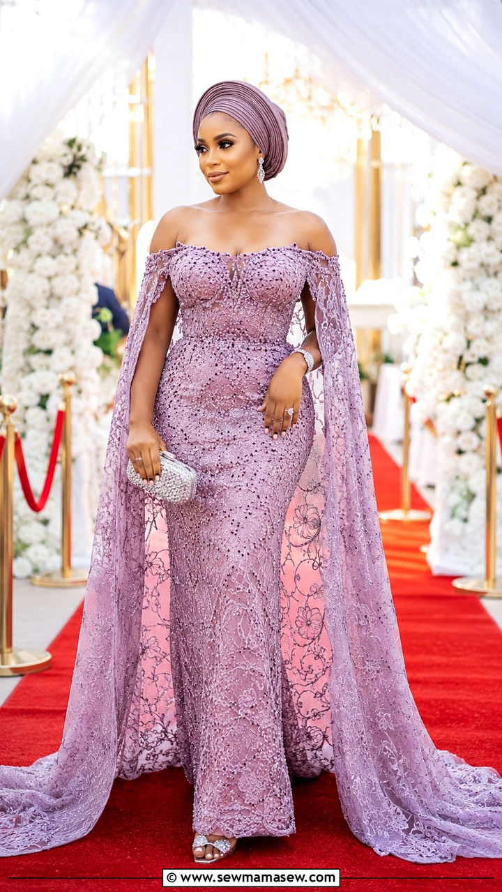 Off Shoulder Lace Gown With Floor Length Cape - 25 Wedding guest outfit ideas Nigerian wedding