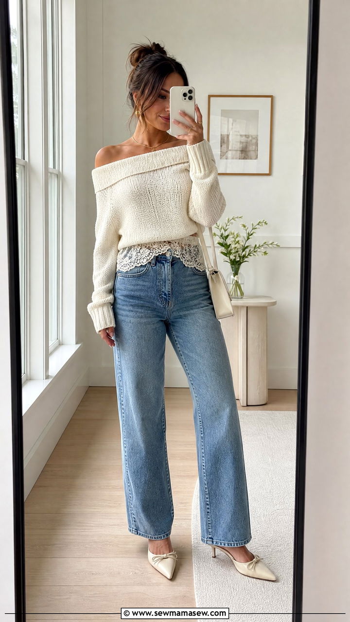 Off Shoulder Lace Knit Top with Denim Outfit - 25 Lace outfit ideas 2026