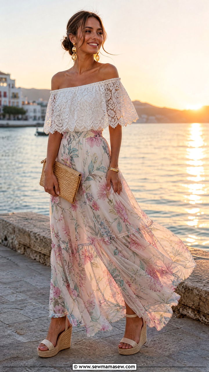 Off Shoulder Lace Top with Floral Maxi Skirt and Wedges - 35 lace outfits