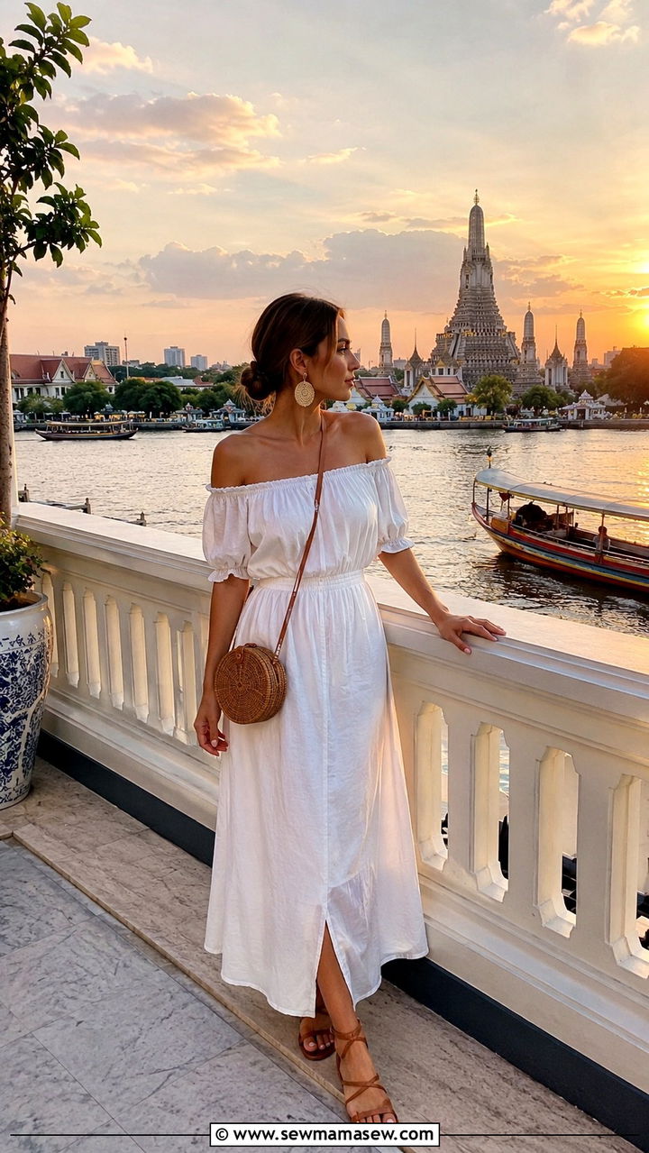 Off Shoulder Linen Dress with Flat Gladiator Sandals - 25 Bangkok outfit ideas