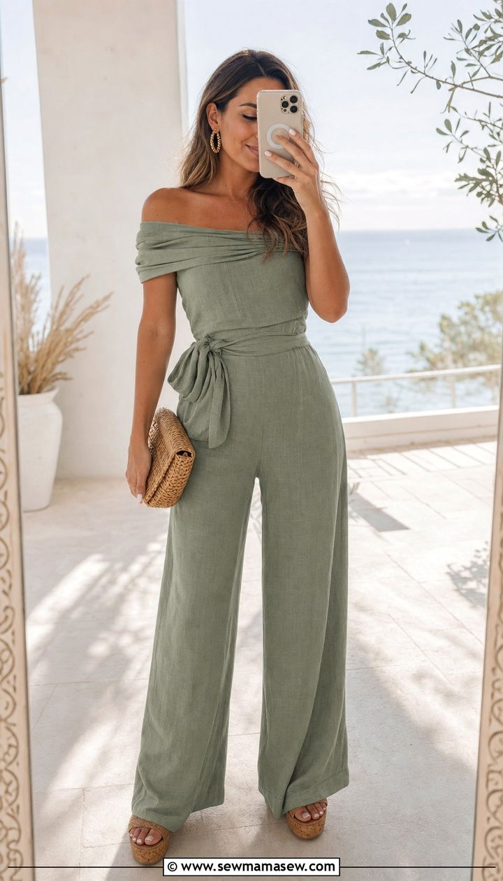Off Shoulder Linen Jumpsuit With Wedge Sandals - 35 Beach wedding guest outfit ideas