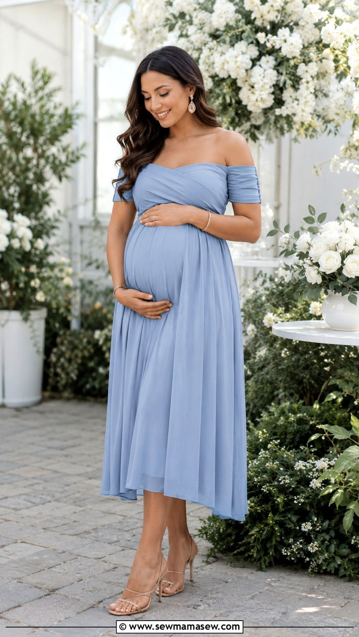 Off Shoulder Maternity Dress Outfit - 20 Maternity outfit ideas with bump showing