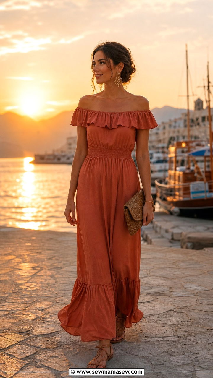 Off Shoulder Maxi Dress Antalya Sunset Look - 20 Antalya outfit ideas