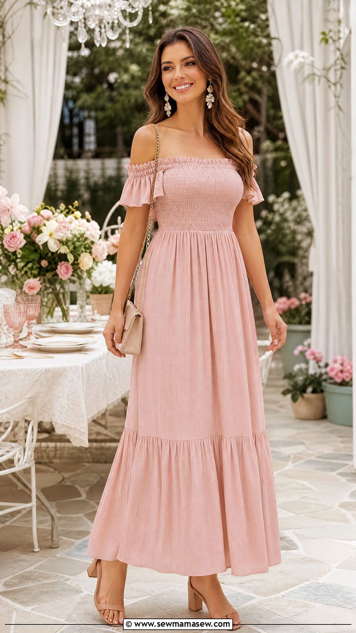 Off Shoulder Maxi Dress Brunch Outfit With Block Heels - 25 Brunch outfit ideas with a maxi dress