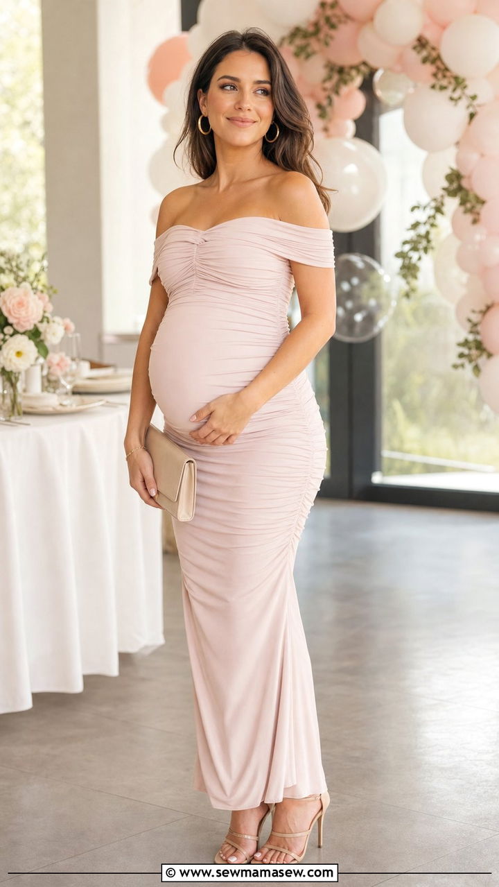 Off Shoulder Maxi Dress Outfit - 25 Spring maternity outfit ideas