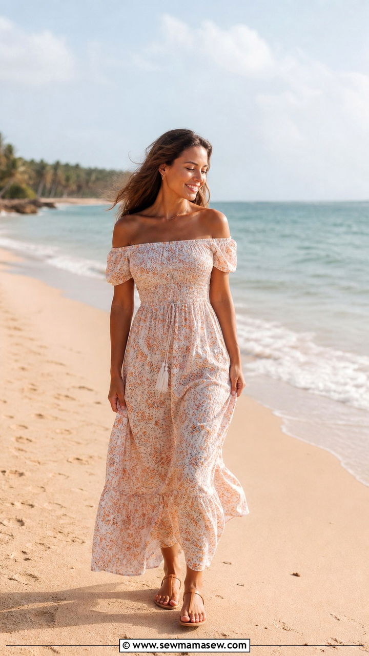 Off Shoulder Maxi Dress Outfit For Beach With Flat Sandals - 40 maxi dress outfit ideas