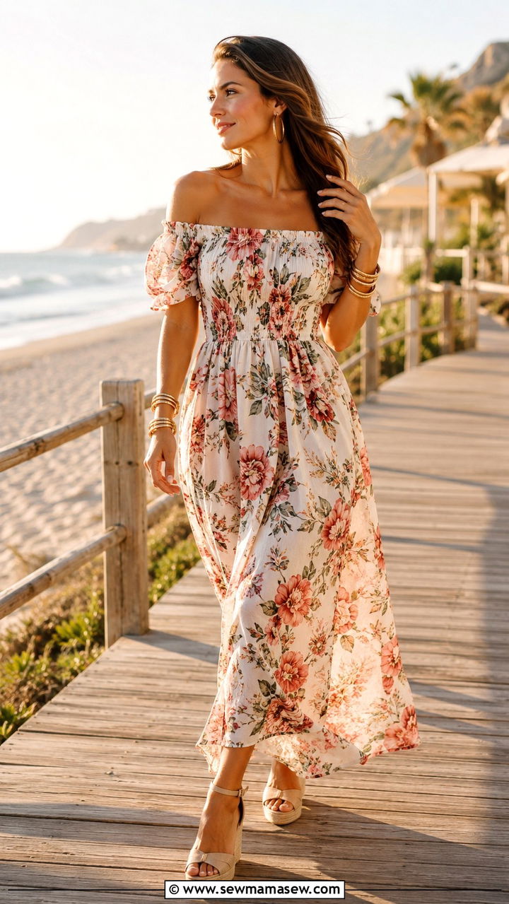 Off Shoulder Maxi Dress Outfit With Wedges - 25 Outfits to emphasize curves