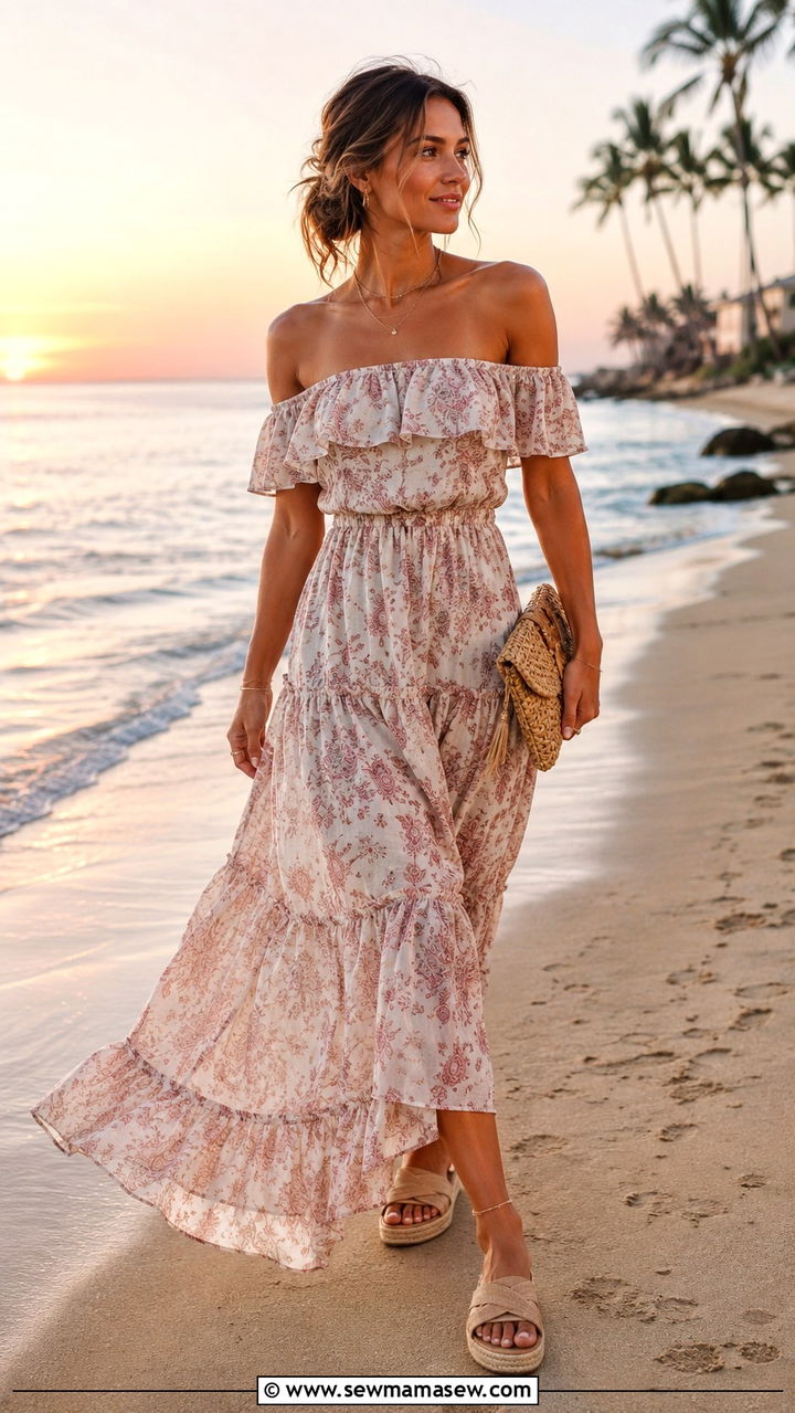 Off Shoulder Maxi Dress Resort Outfit - 30 chic resort vacation outfits for women