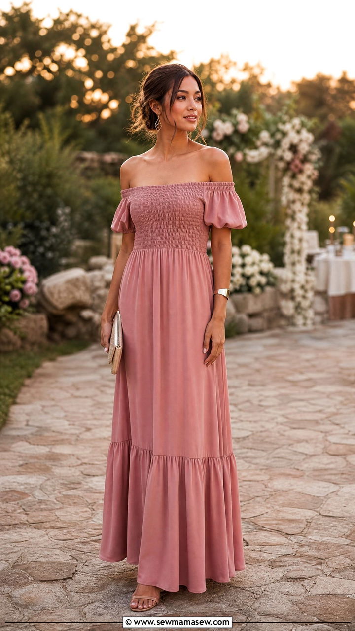 Off Shoulder Maxi Dress Wedding Guest Outfit - 30 classy summer wedding guest outfit ideas