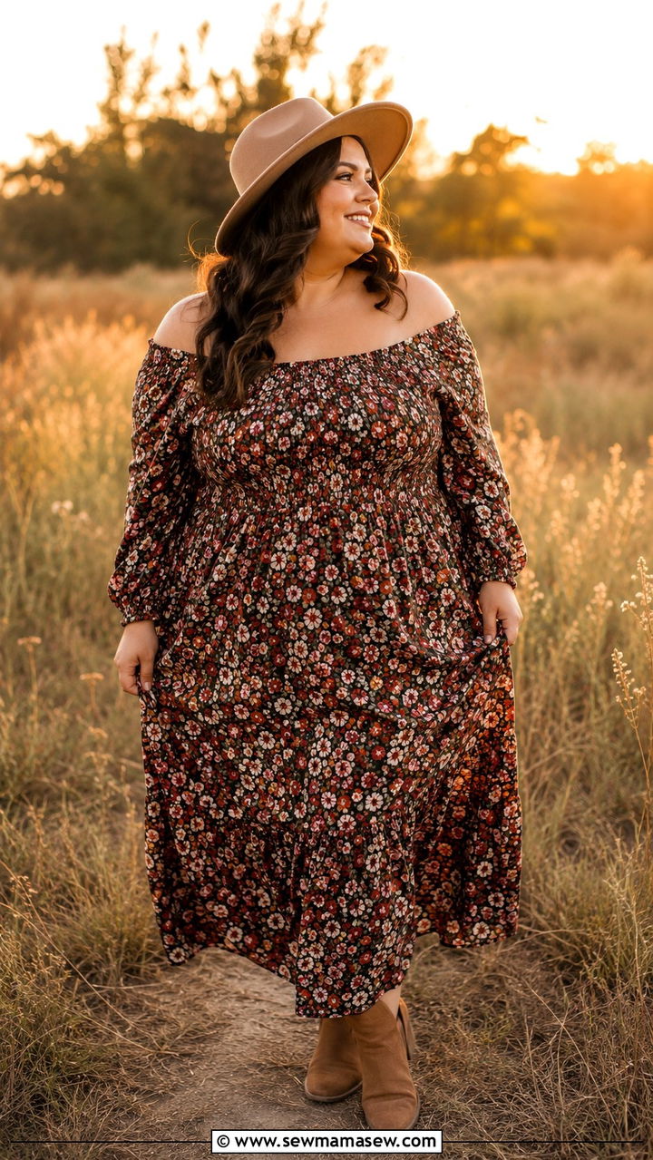 Off Shoulder Maxi Dress With Ankle Boots - 30 Boho outfits for curvy women