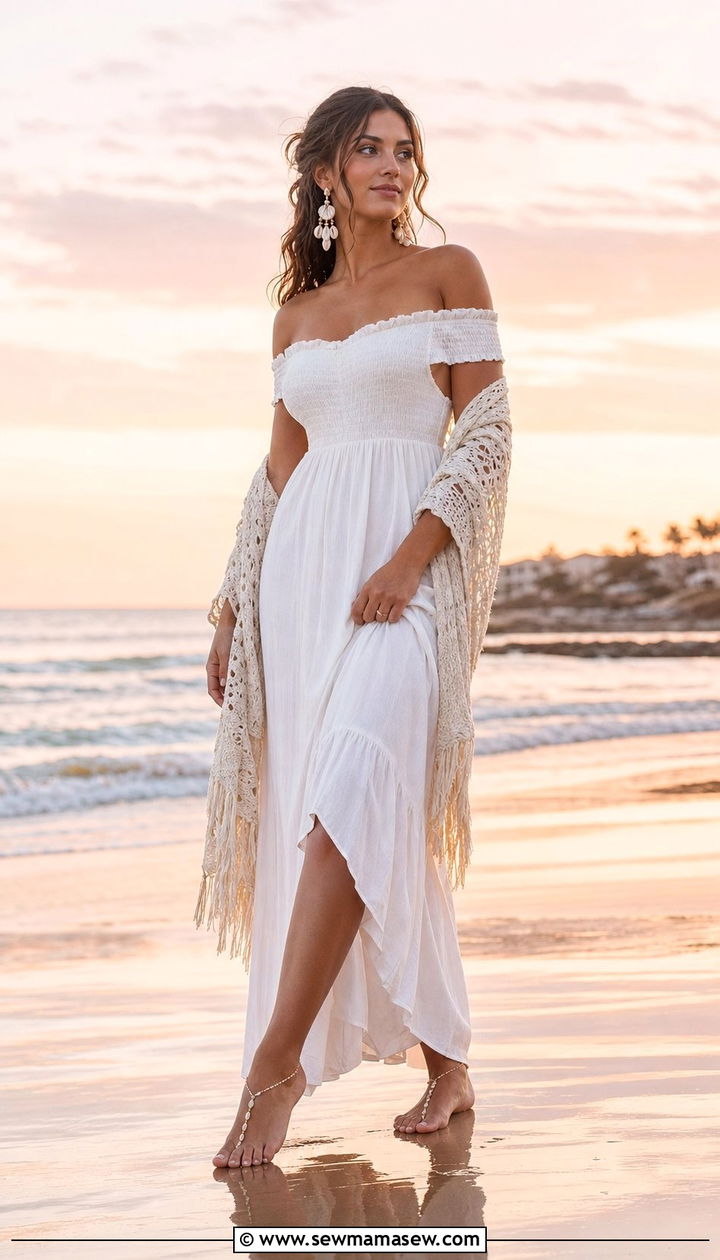 Off Shoulder Maxi Dress With Barefoot Sandals For Beach Guest - 35 Beach wedding guest outfits