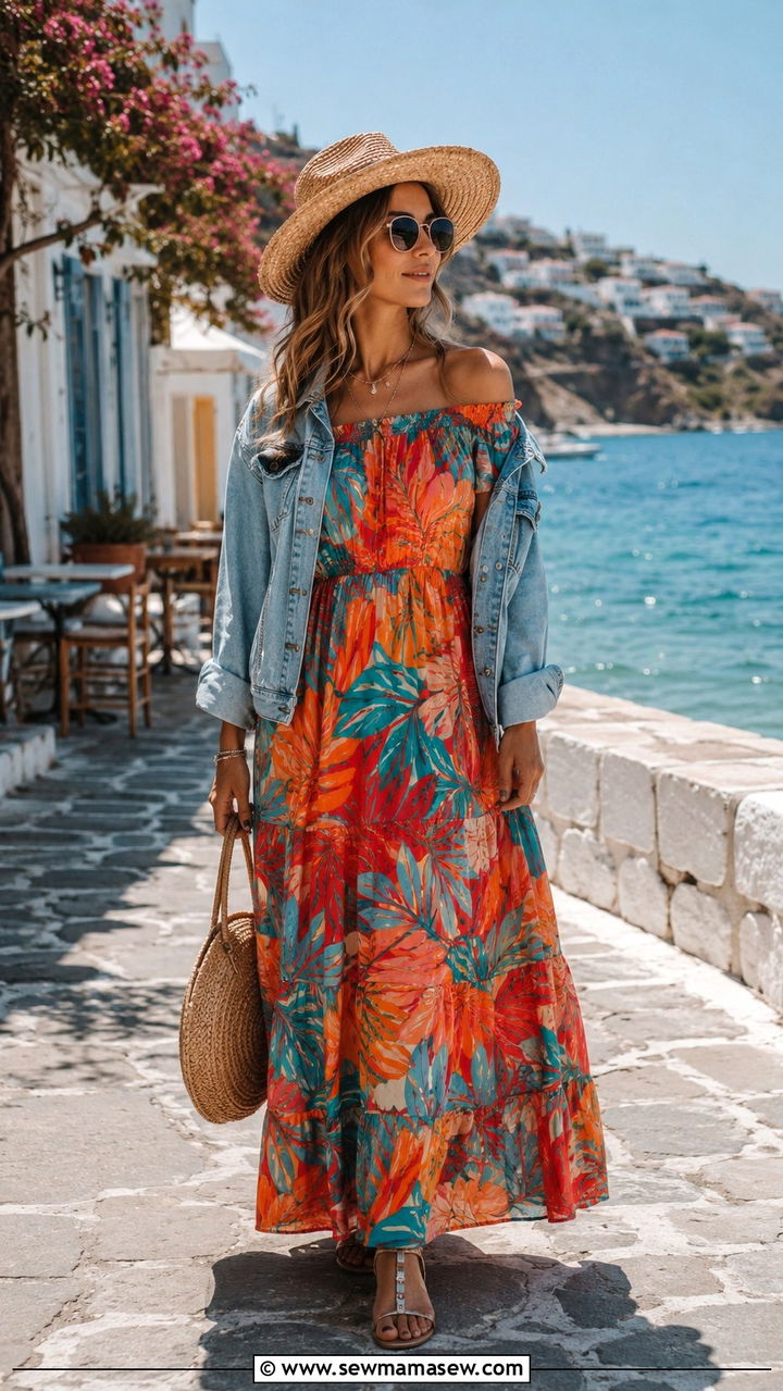 Off Shoulder Maxi Dress With Denim Jacket And Flat Sandals - 30 Maxi dress with a denim jacket outfit ideas
