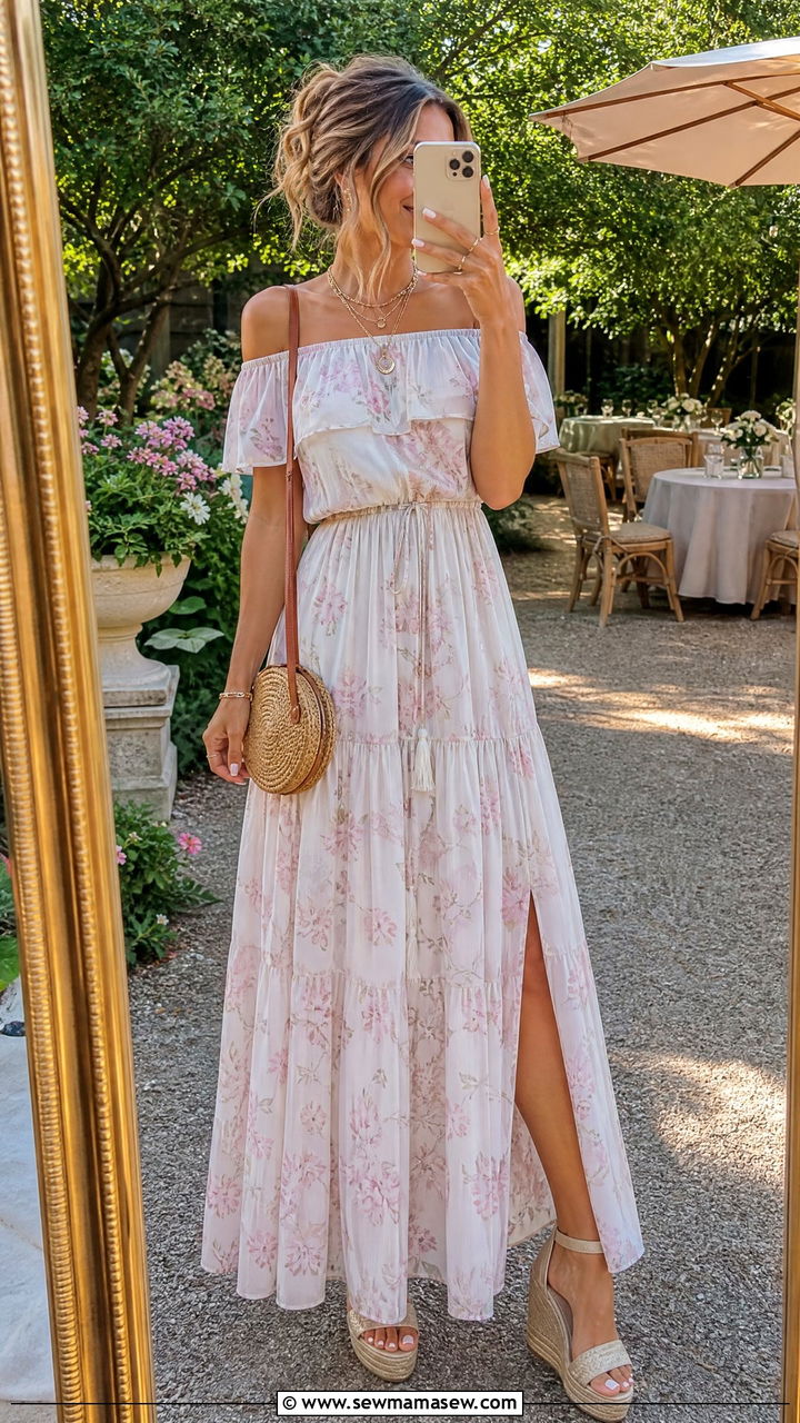 Off Shoulder Maxi Dress With Espadrille Wedges - 35 maxi dress outfits for women