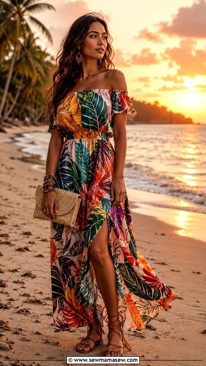 Off Shoulder Maxi Dress With Flat Gladiator Sandals - 25 Tropical vacation outfit ideas 2026