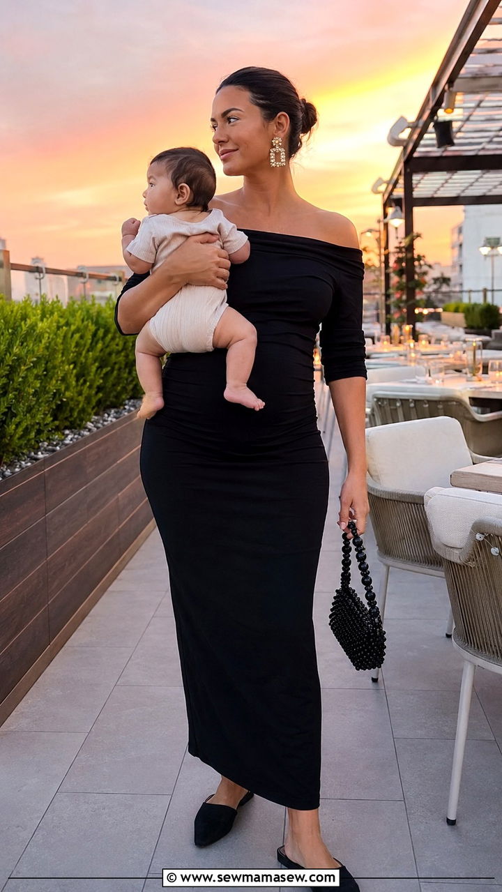 Off Shoulder Maxi Dress With Flat Mules Postpartum Night Out Look - 25 Postpartum first night out outfit ideas
