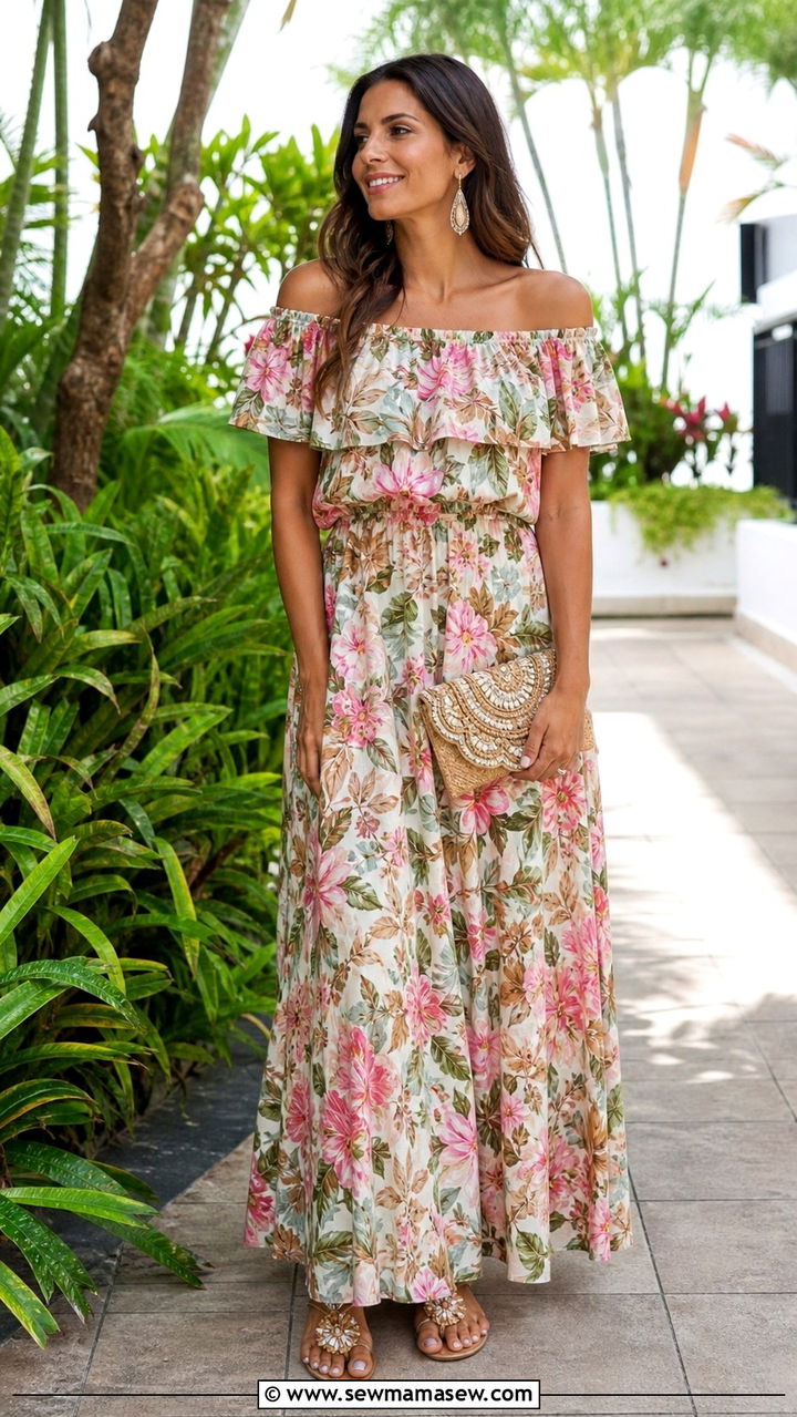 Off Shoulder Maxi Dress With Flat Sandals - 40 Destination wedding guest outfits