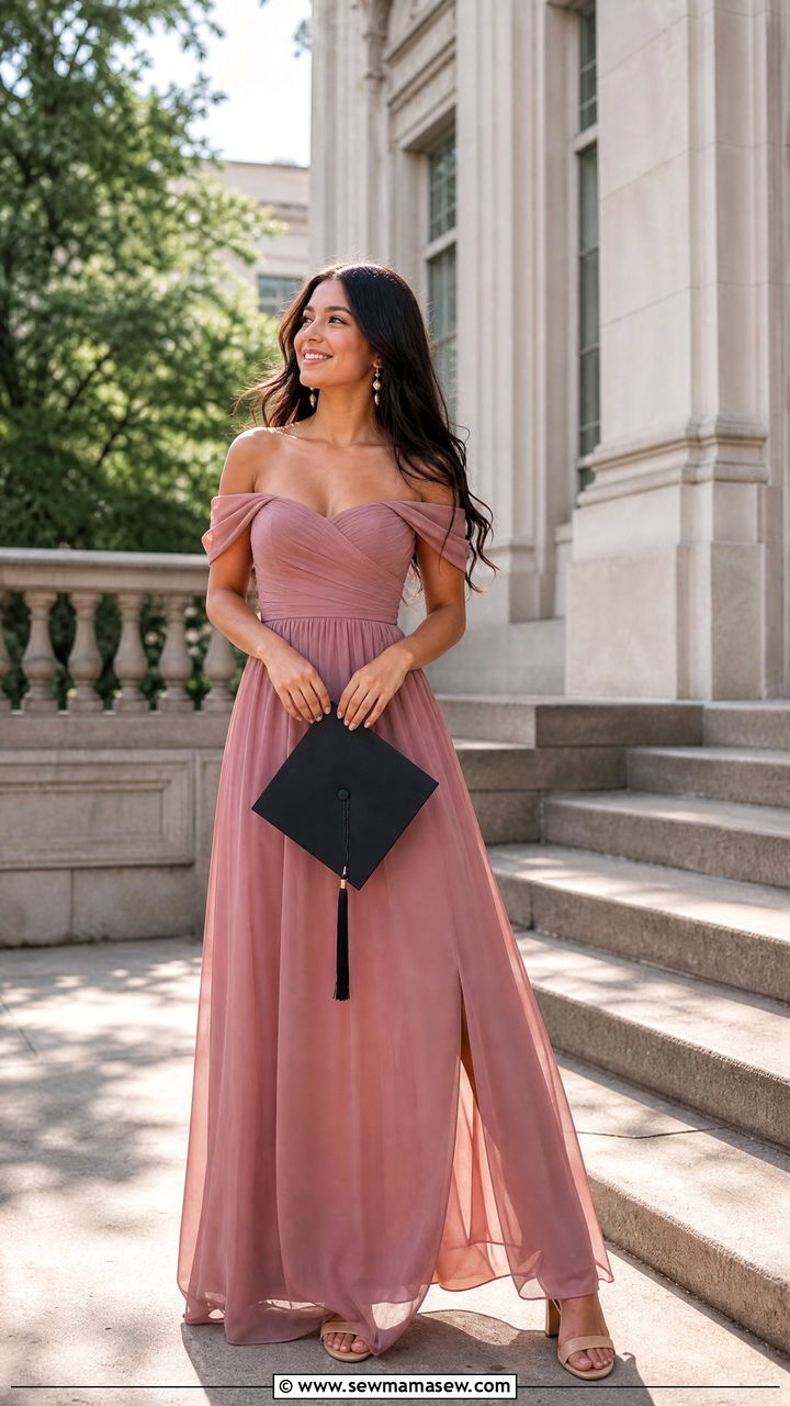 Off Shoulder Maxi Dress With Heeled Mules - 25 Graduation photo outfit ideas