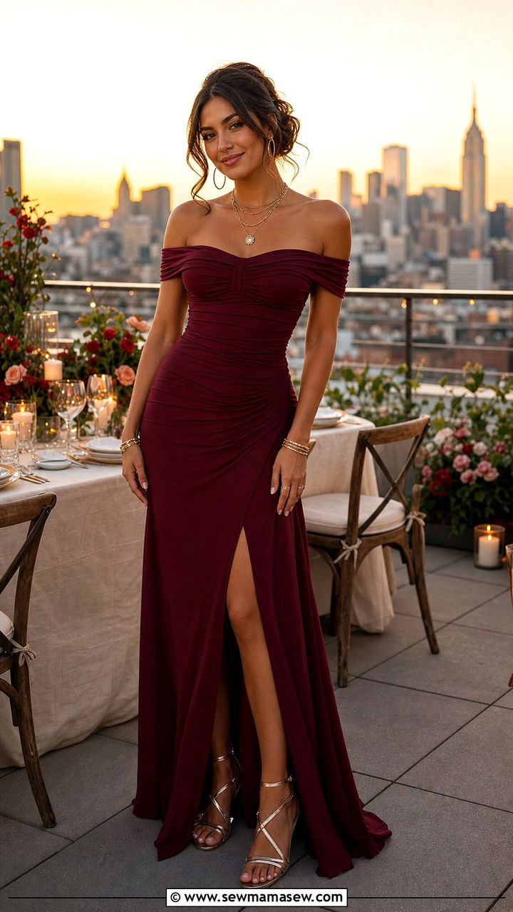 Off Shoulder Maxi Dress With Metallic Accessories - 35 Birthday dinner outfit ideas