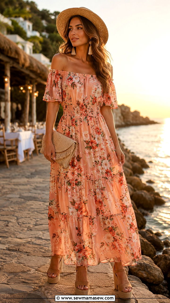 Off Shoulder Maxi Dress With Platform Sandals - 30 Spring outfits with heels