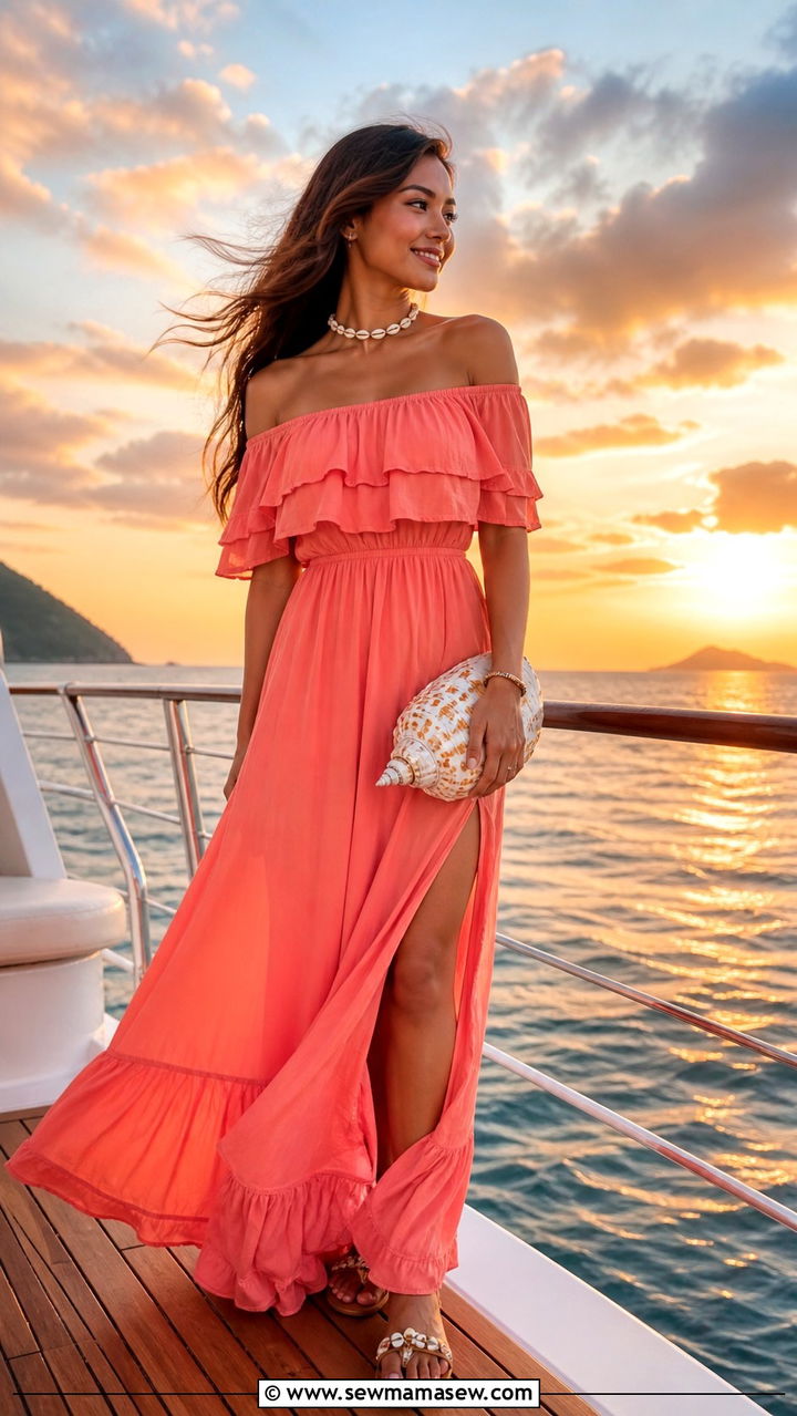 Off Shoulder Maxi Dress With Shell Jewelry - 40 What to wear in Phuket