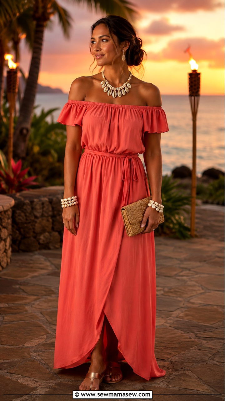 Off Shoulder Maxi Dress With Shell Jewelry Hawaii Luau Outfit - 30 Hawaii packing list outfits