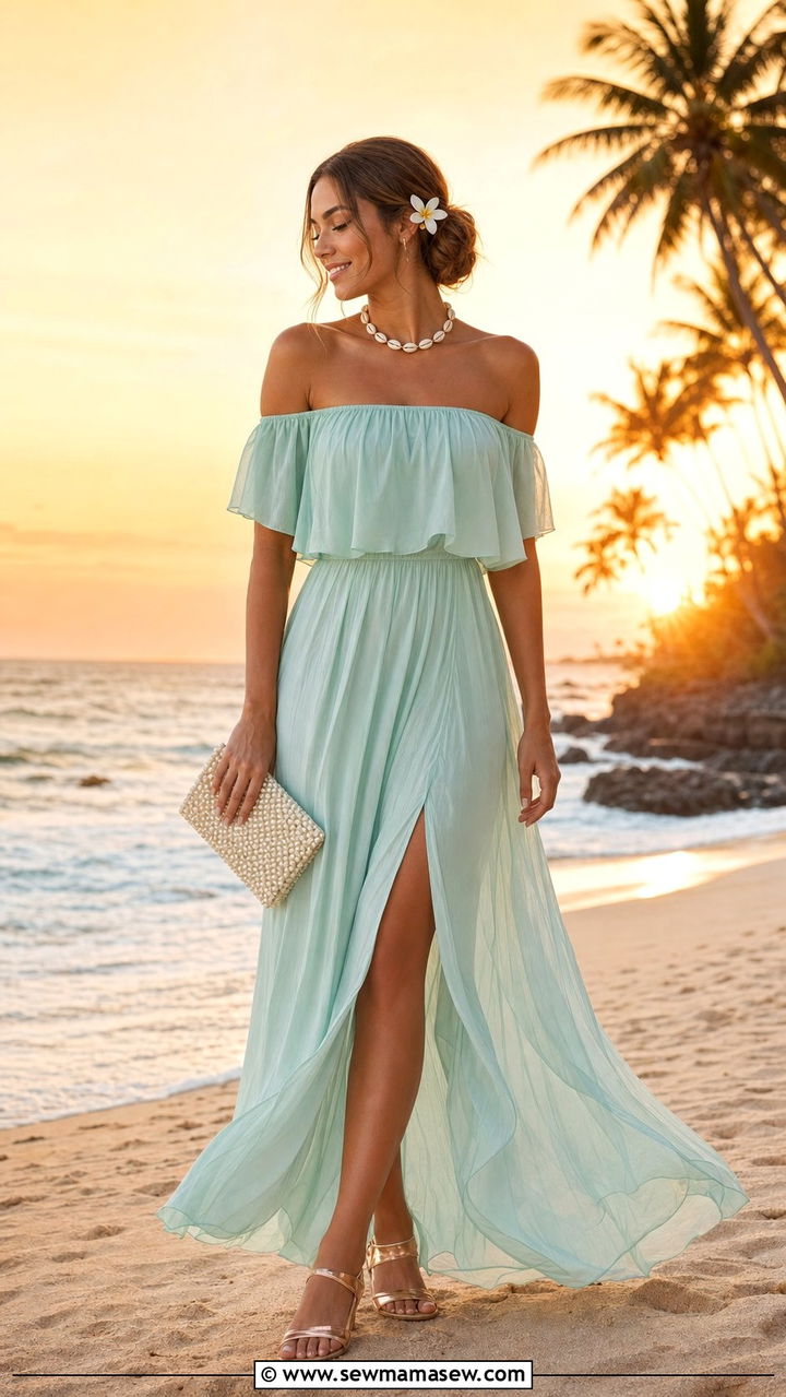 Off Shoulder Maxi Dress With Shell Jewelry - 35 Beach wedding guest outfit ideas