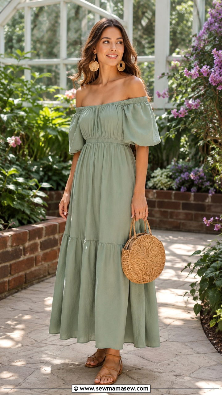 Off Shoulder Maxi Dress With Statement Earrings - 25 seasonal bridal shower outfit ideas