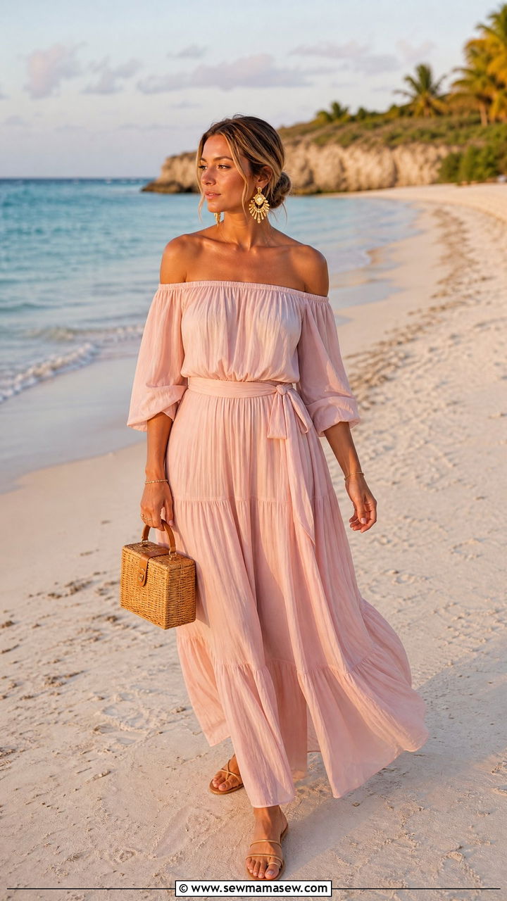 Off Shoulder Maxi Dress With Statement Earrings - 30 Resort wear outfit ideas Turks and Caicos