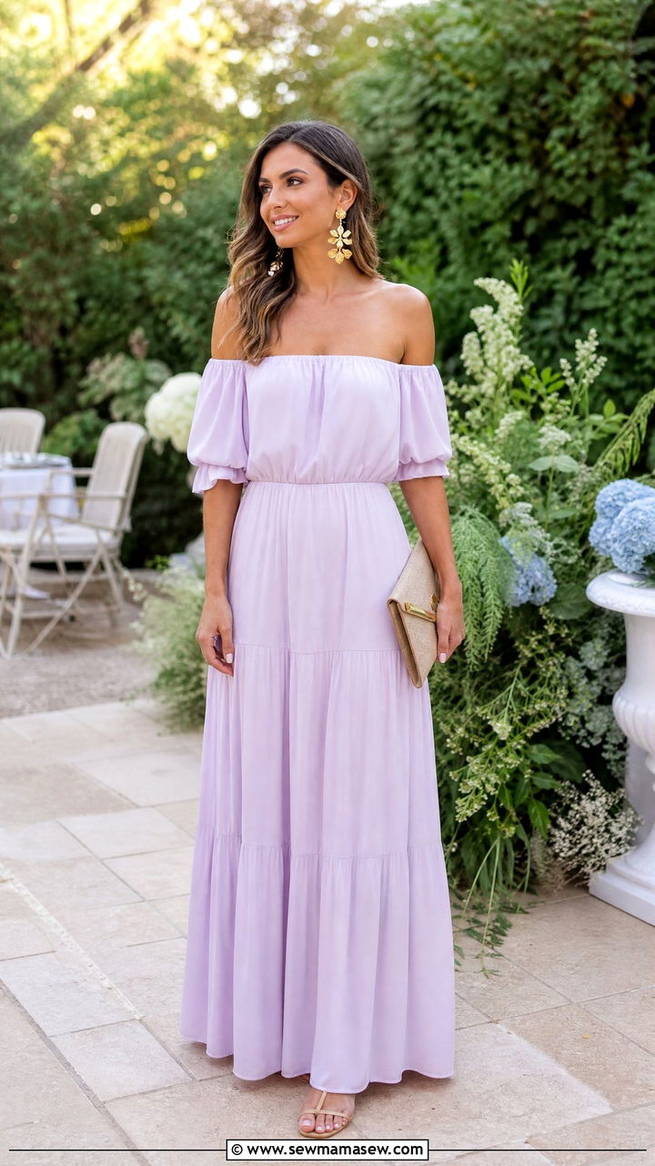 Off Shoulder Maxi Dress With Statement Earrings And Strappy Sandals - 35 maxi dress outfit ideas for women