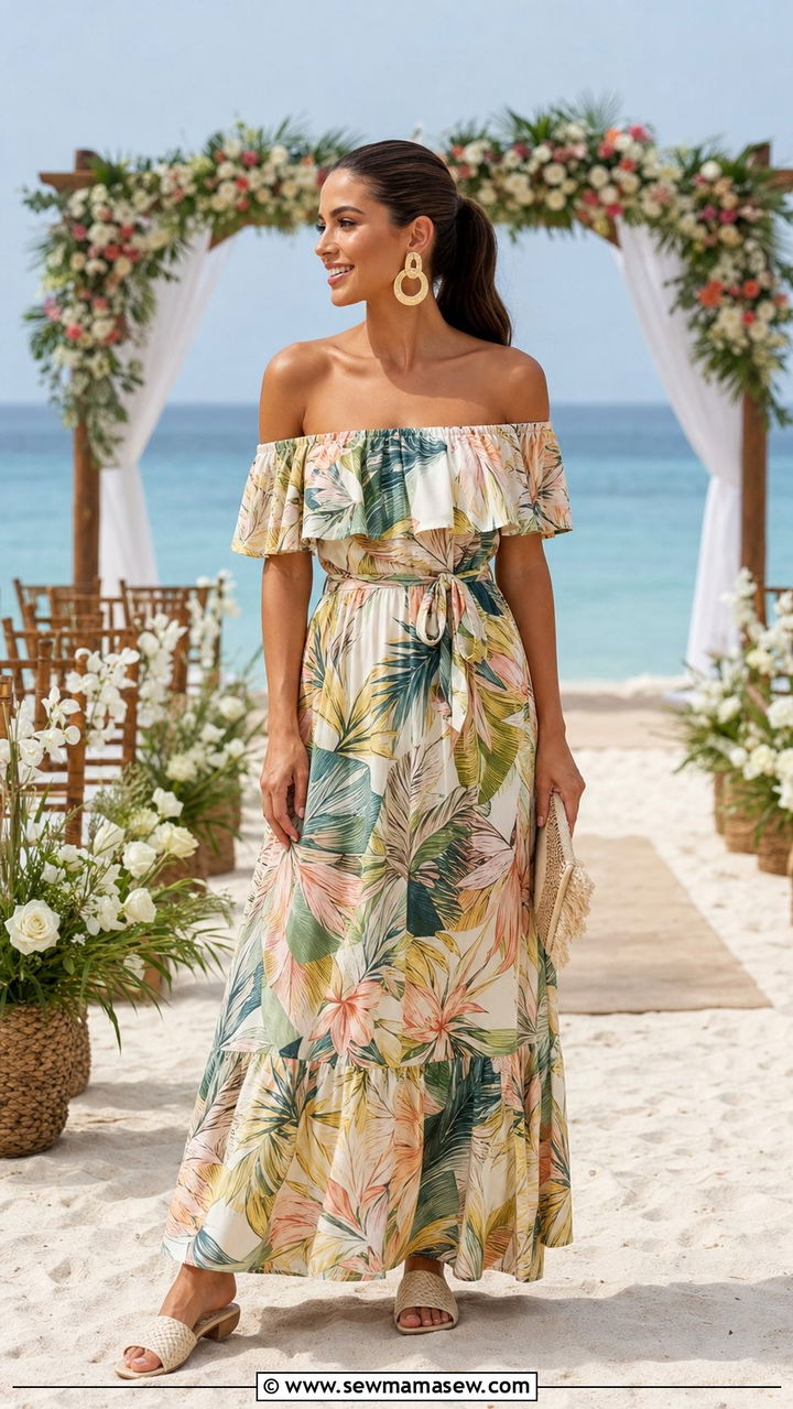 Off Shoulder Maxi Dress With Statement Earrings - 35 beach vacation outfits for women
