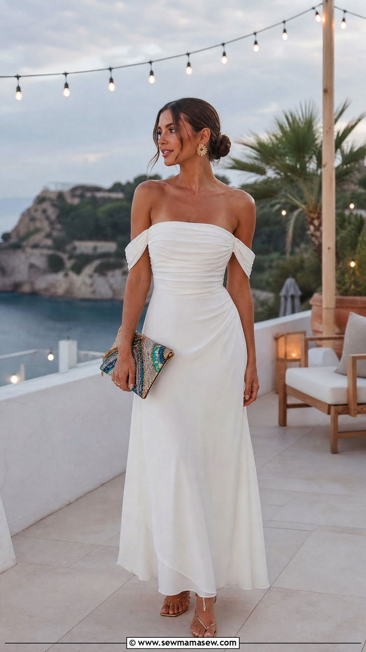 Off Shoulder Maxi Dress With Thong Sandals - 30 Maxi dress outfit ideas with sandals