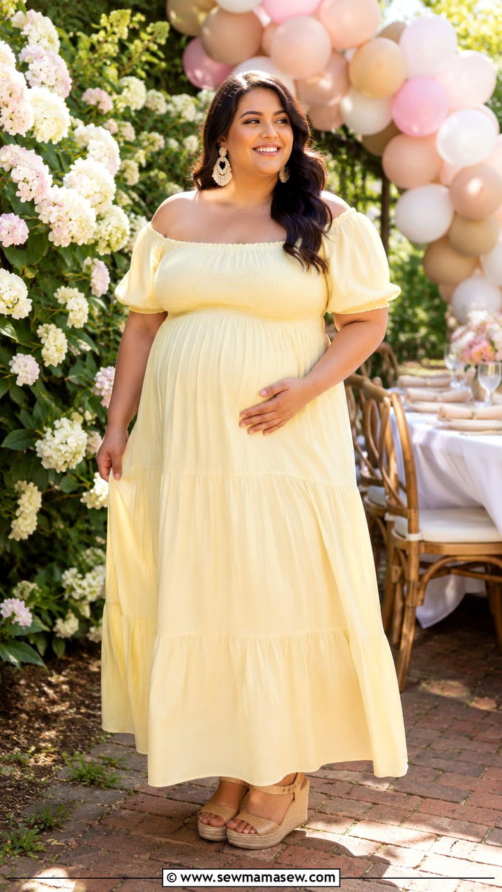 Off Shoulder Maxi Dress With Wedge Sandals - 30 Plus size outfit ideas for baby shower