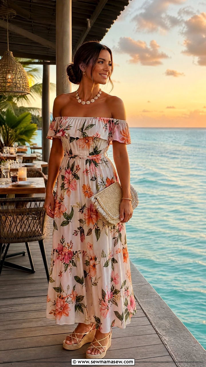 Off Shoulder Maxi Dress With Wedges Bahamas - 25 Bahamas outfit ideas