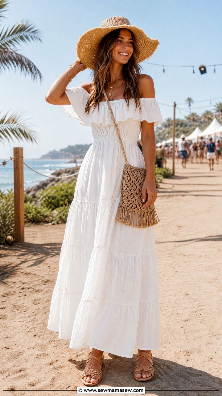 Off Shoulder Maxi Dress With Woven Sandals - 40 festival outfits 2026