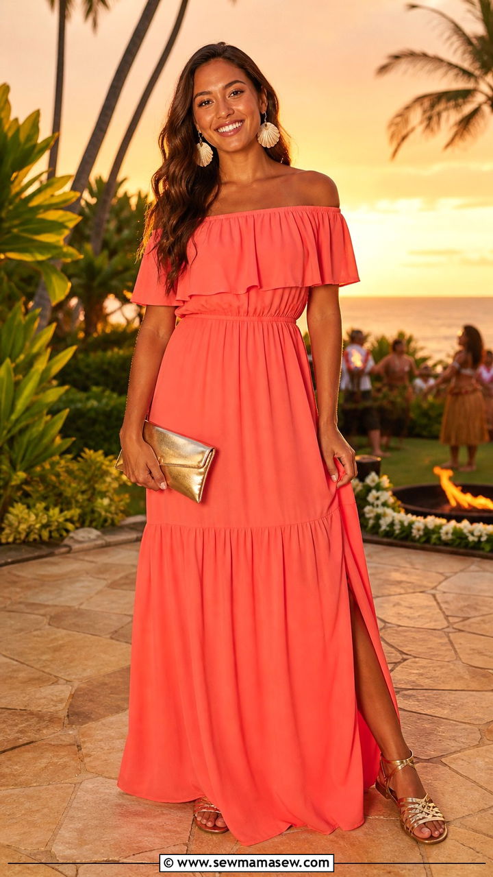 Off Shoulder Maxi Dress and Statement Earrings Hawaii Look - 40 What to wear in Hawaii
