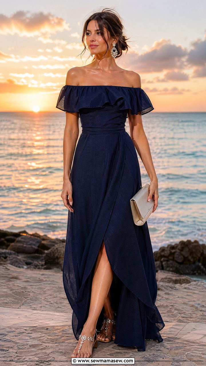 Off Shoulder Maxi Dress for Beach Formal Wedding - 35 Destination wedding guest outfit ideas