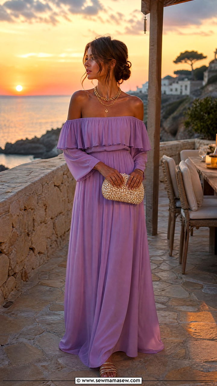 Off Shoulder Maxi Dress for Sunset Dinners - 30 travel outfits 2026