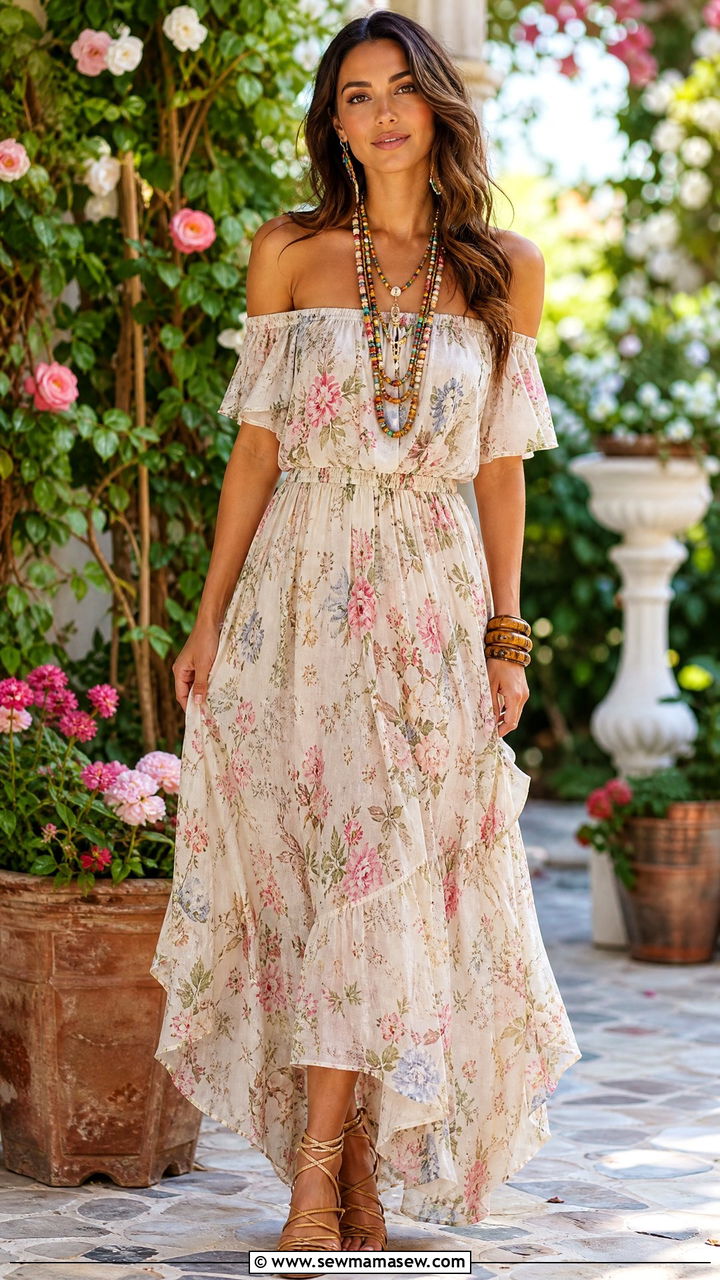 Off Shoulder Maxi Dress with Beaded Jewelry - 35 Hippie outfit ideas