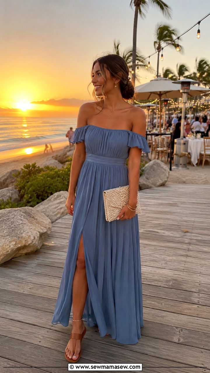 Off Shoulder Maxi Dress with Flat Sandals - 30 Graduation party outfit ideas