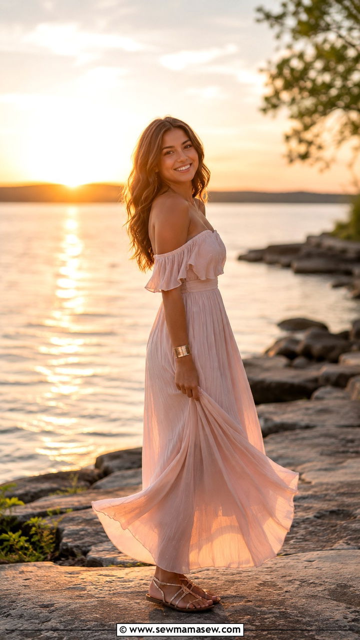 Off Shoulder Maxi Dress with Flat Sandals - 30 Spring senior photo outfits
