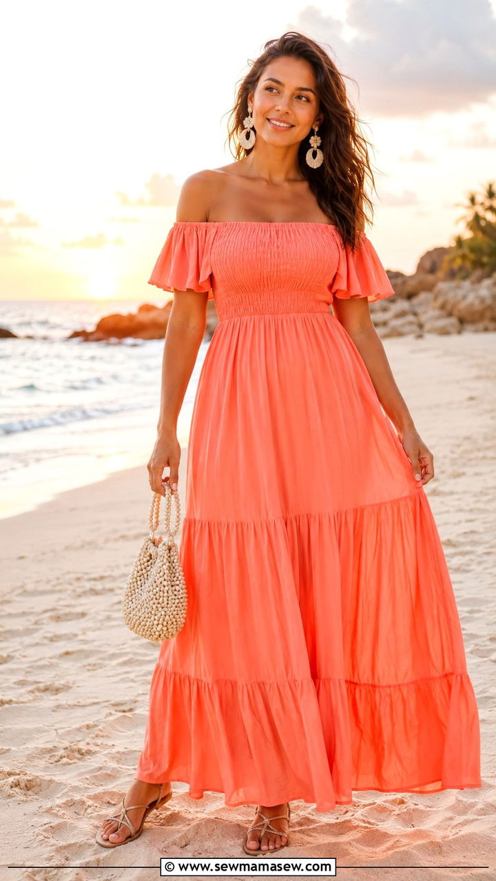 Off Shoulder Maxi Dress with Flat Sandals and Statement Earrings - 25 Vacation outfits for pear shape