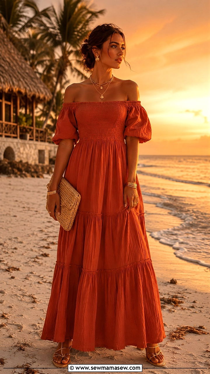 Off Shoulder Maxi Dress with Gold Jewelry - 25 Zanzibar outfit ideas