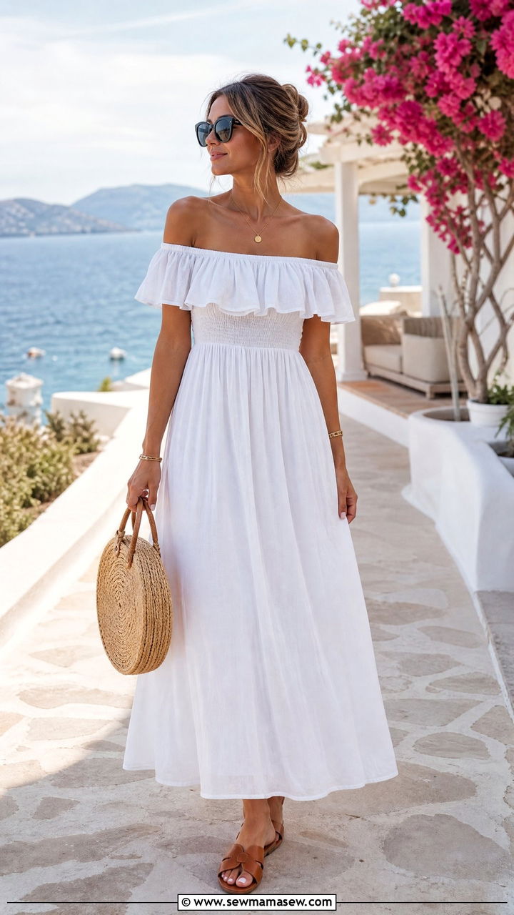 Off Shoulder Maxi Dress with Sandals - 30 Maxi dress outfit ideas for summer