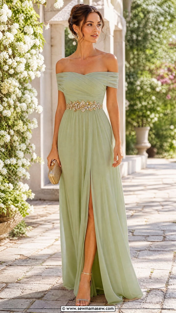 Off Shoulder Maxi Dress with Statement Belt and Heeled Sandals - 30 Maxi dress outfit ideas with a belt