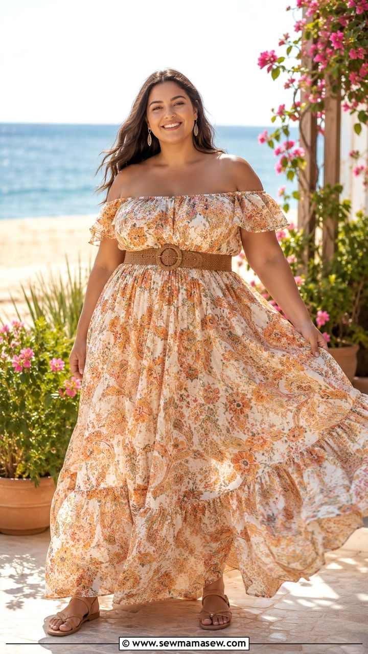 Off Shoulder Maxi Dress with Statement Belt - 30 Plus size birthday outfit ideas