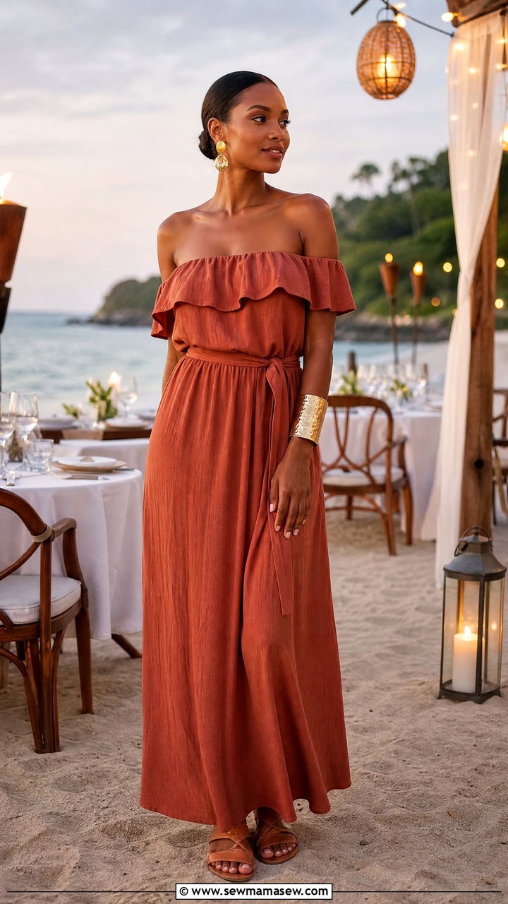 Off Shoulder Maxi Dress with Statement Cuff Bracelet - 40 Jamaica vacation outfit ideas