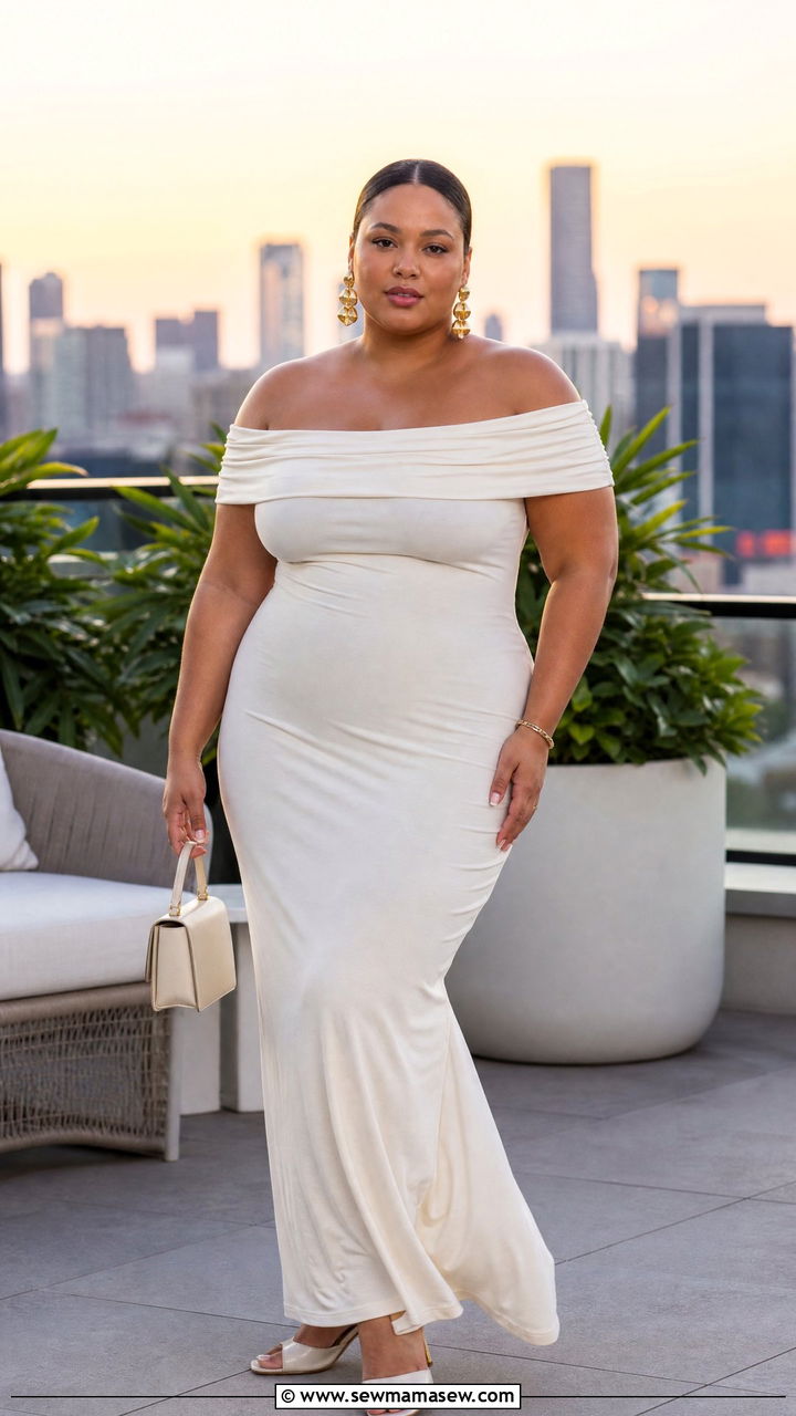 Off Shoulder Maxi Dress with Statement Earrings and Heeled Mules - 25 Maxi dress for plus size outfit ideas