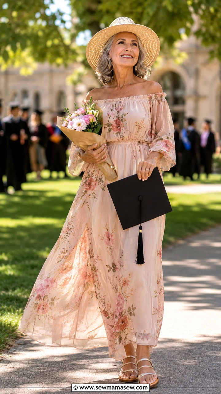 Off Shoulder Maxi Dress with Strappy Sandals - 30 Graduation outfits for women over 60